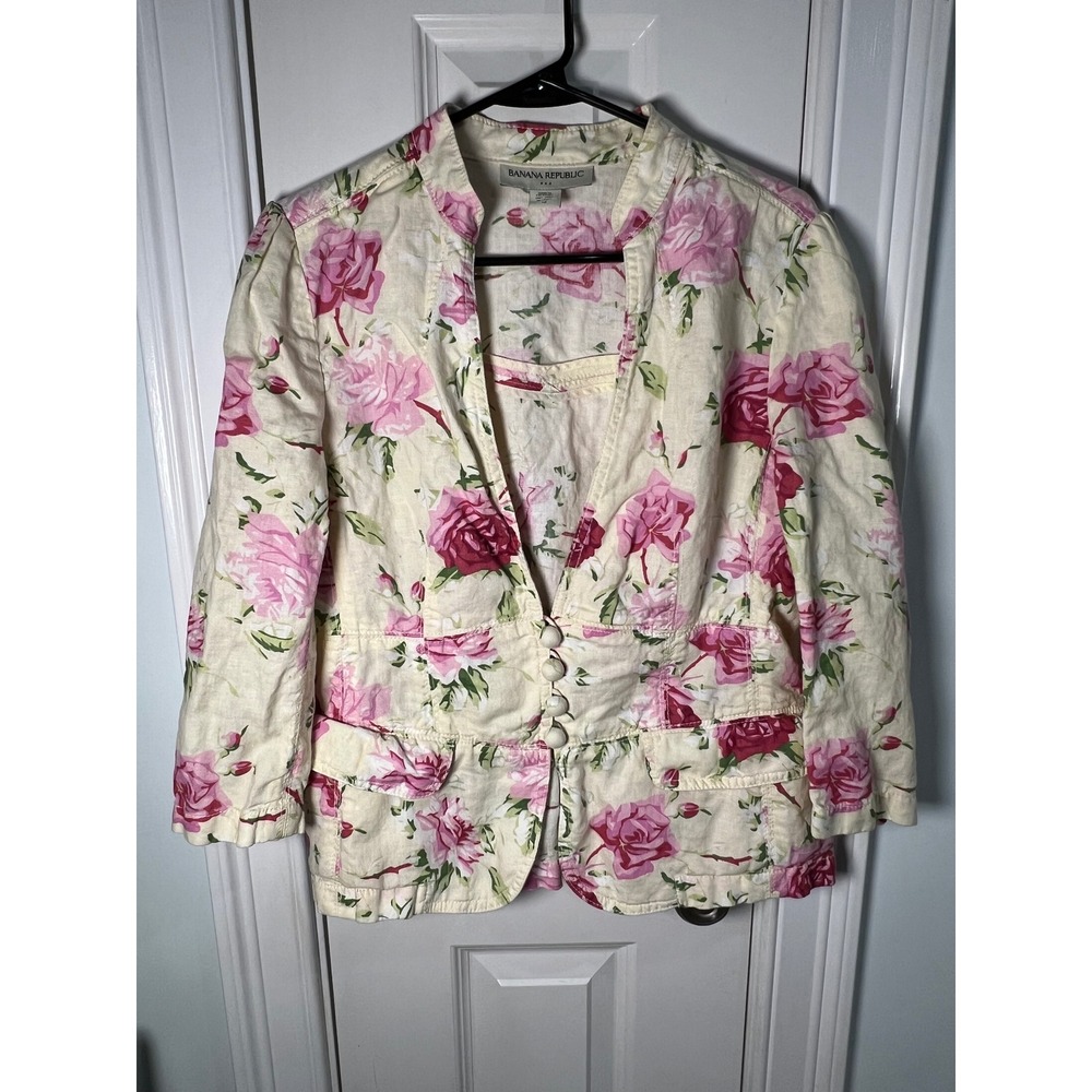 Banana Republic Pink Floral Linen Peplum Blazer Jacket Size 12 Rose Print